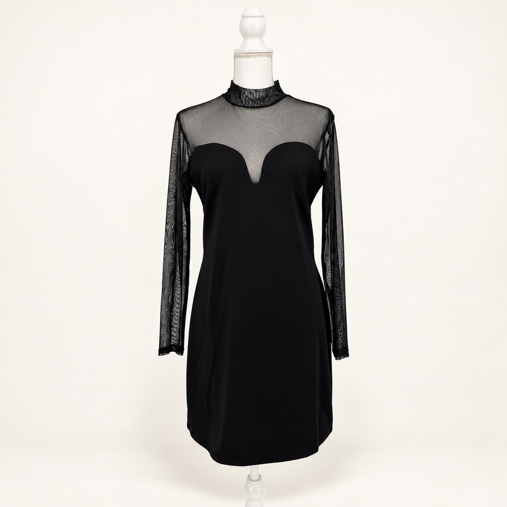 H&M Large Dress Black Sheer Sweetheart Mock Neck Long Sleeve Mini Witchy Goth